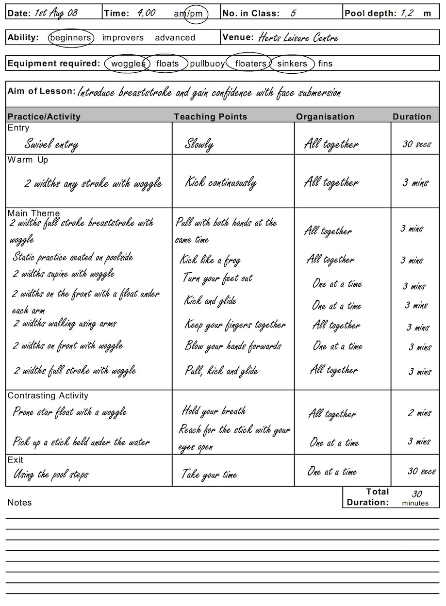 Printable Swimming Lesson Plan Template